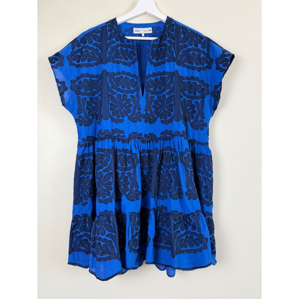 Zara Womens Blue Embroidered Floral Tiered Mini Dress V-Neck Boho Size L Coastal